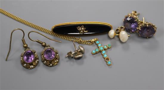 A yellow metal and turquoise set cross pendant on a chain, a 9ct gold, onyx and seed pearl brooch and three paires of earrings.